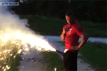 Guy lighting off firework in his pants
